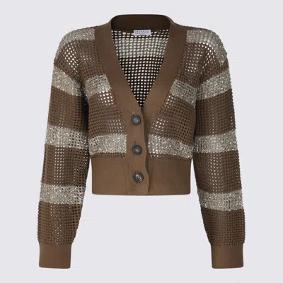 Brunello Cucinelli Sesame Cotton Stripe Cardigan In Brown
