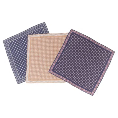Pre-owned Brunello Cucinelli Set Of 3 Silk Polka Dot Houndstooth Printed Pocket Square In Gray