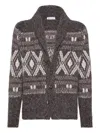 Brunello Cucinelli Wool Cardigan V-neck Geometric Pattern In Brown