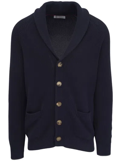 Brunello Cucinelli Shawl-collar Ribbed Cotton Cardigan In Blue