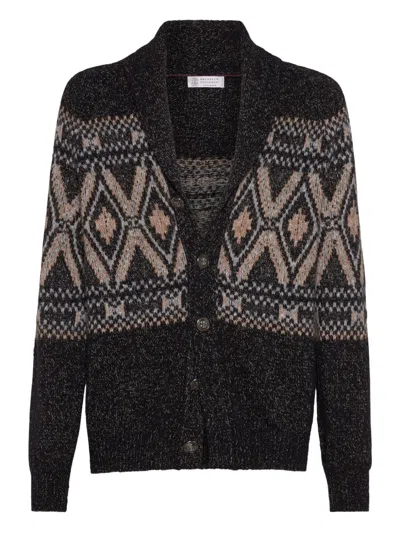 Brunello Cucinelli Shawl-collar Patterned Cardigan In Black