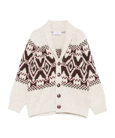 Brunello Cucinelli Kids' Shawl-collar Patterned Cardigan In White