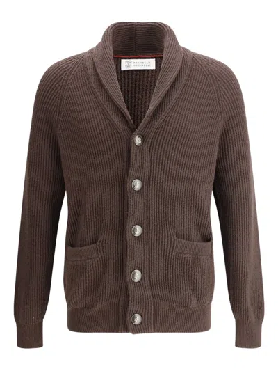 Brunello Cucinelli English Ribbed Knit Cardigan In Brown