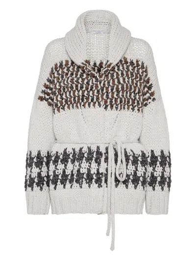 Brunello Cucinelli Multicolor Opera Prince Of Wales Cardigan In White