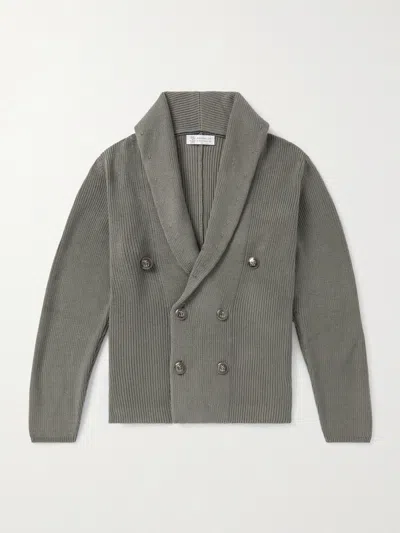 Brunello Cucinelli Shawl-collar Double-breasted Ribbed Cotton Cardigan In Green