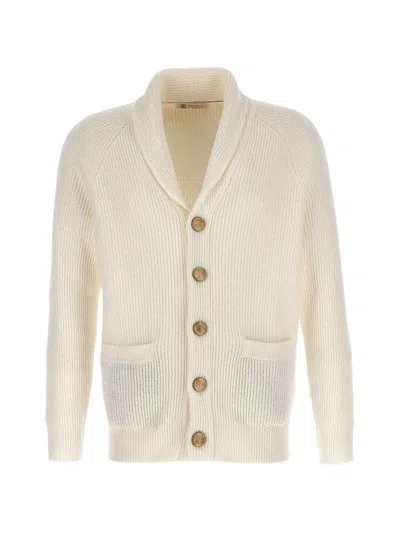 Brunello Cucinelli Shawl-collar Ribbed Cardigan In Brown