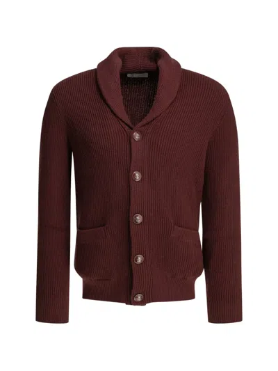 Brunello Cucinelli Cotton Cardigan Shawl Collar Ribbed Pockets In Burgundy