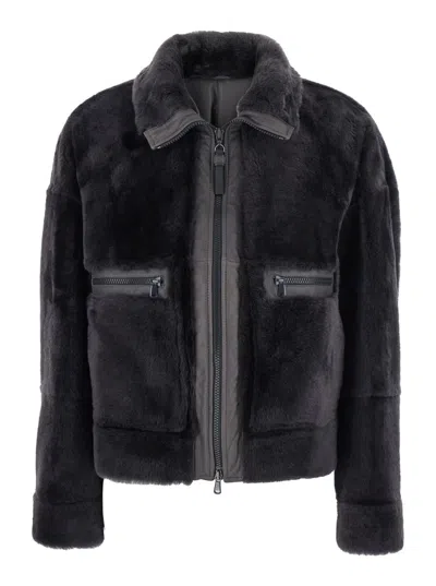 BRUNELLO CUCINELLI GREY SHEARLING JACKET WITH TWO FRONT WELT POCKETS WITH ZIP IN FUR WOMAN