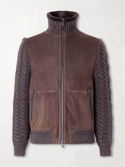 Brunello Cucinelli Suede Shearling And Cashmere Knit Bomber Jacket With Thermore Padding In Brown