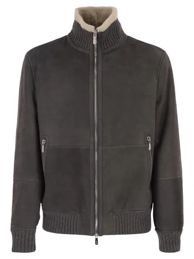 Brunello Cucinelli Shearling Aviator Jacket With Cashmere Knit Details In Gray