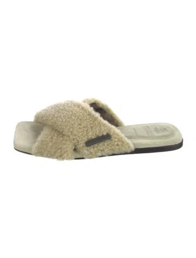 Pre-owned Brunello Cucinelli Shearling Beaded Accents Slides In Green