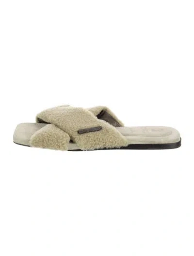 Pre-owned Brunello Cucinelli Shearling Beaded Accents Slides In Green