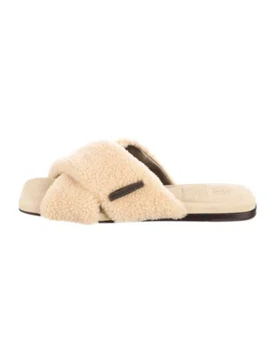 Pre-owned Brunello Cucinelli Shearling Beaded Accents Slides In Neutral