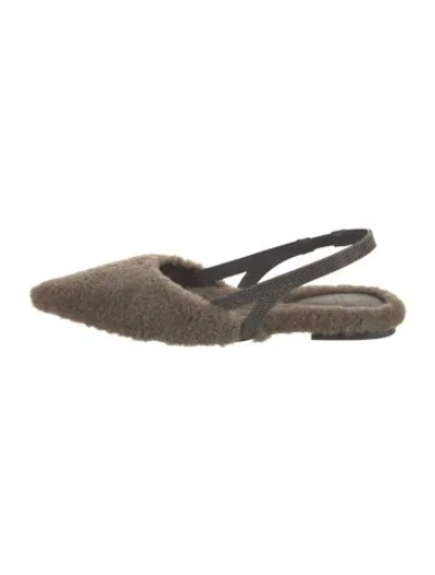 Pre-owned Brunello Cucinelli Shearling Beaded Accents Slingback Flats In Brown
