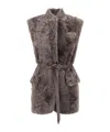 Brunello Cucinelli Leather-trimmed Belted Plush Fabric Gilet In Brown