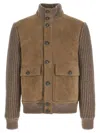 Brunello Cucinelli Bomber Jacket With Knitted Back And Textured Knit Sleeves In Brown