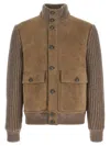 Brunello Cucinelli Bomber Jacket With Knitted Back And Textured Knit Sleeves In Brown