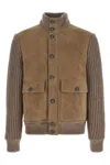 Brunello Cucinelli Bomber Jacket With Knitted Back And Textured Knit Sleeves In Brown