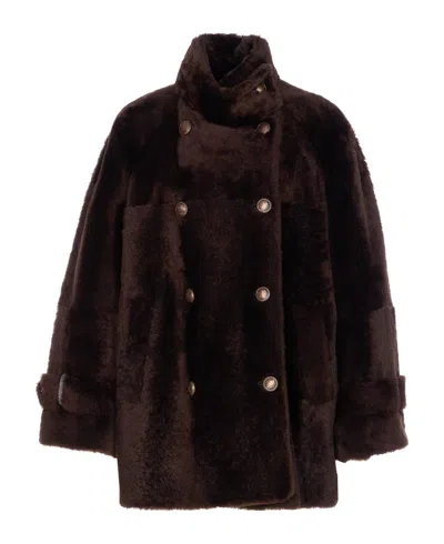 Brunello Cucinelli Shearling Caban Coat In Multi