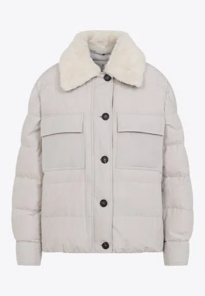Brunello Cucinelli Shearling-collar Down Jacket In Neutral