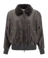 Brunello Cucinelli Shearling Collar Leather Jacket Women In Brown