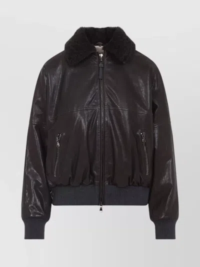 Brunello Cucinelli Shearling Collar Leather Jacket