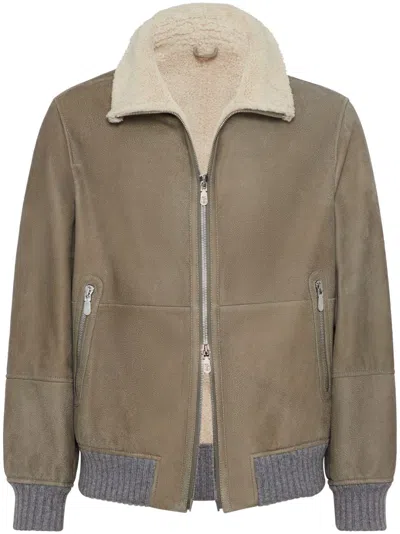 Brunello Cucinelli Shearling-collar Leather Jacket In Green