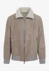 Brunello Cucinelli Men Bomber In Curly Suede Shearling With Cashmere Knit Collar In Brown
