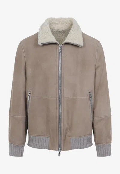 BRUNELLO CUCINELLI SHEARLING COLLAR LEATHER JACKET