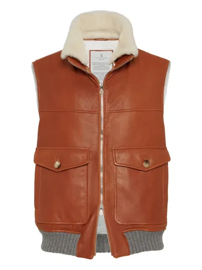 Brunello Cucinelli Leather Shearling-trim Padded Gilet In Brown
