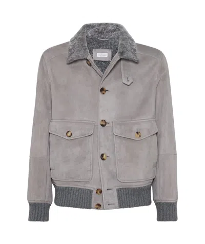 Brunello Cucinelli Shearling-collar Suede Jacket In Grey