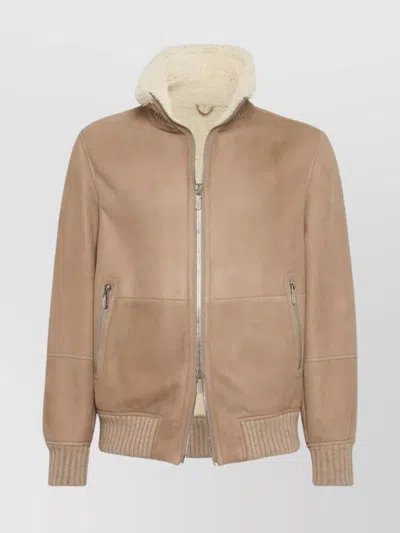 BRUNELLO CUCINELLI SHEARLING COLLAR SUEDE JACKET WITH RIBBED HEM