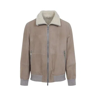 BRUNELLO CUCINELLI BRUNELLO CUCINELLI SHEARLING-COLLARED TAUPE JACKET