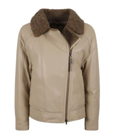 BRUNELLO CUCINELLI BRUNELLO CUCINELLI SHEARLING DETAILED ZIP-UP JACKET