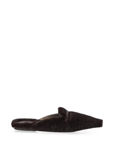 Brunello Cucinelli Shearling Flats With Precious Bar In Brown