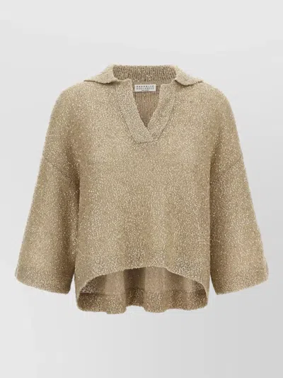 Brunello Cucinelli Shearling Knit Polo Shirt V Neck In Brown