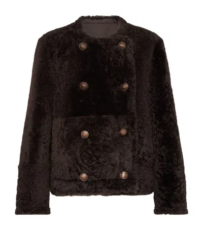 Brunello Cucinelli Shearling-leather Reversible Pea Coat In Brown