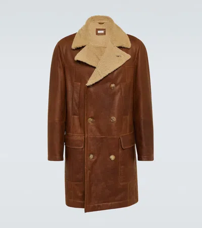 Brunello Cucinelli Shearling-lined Leather Coat In Brown