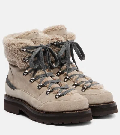 Brunello Cucinelli Shearling-lined Suede Lace-up Boots In Gray