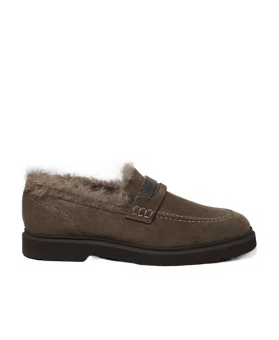 Brunello Cucinelli Shearling-lined Suede Loafers In Multicolor