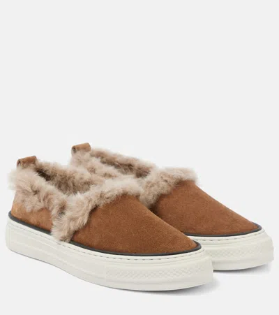 Brunello Cucinelli Shearling-lined Suede Slip-on Shoes In Brown