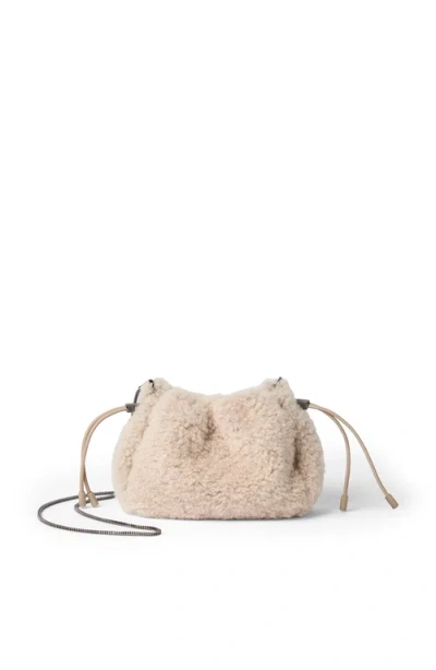 Brunello Cucinelli Shearling Mellow Mini Bucket Bag In White