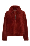 Brunello Cucinelli Dyed Shearling Short Jacket With Contrast Monili Zipper In Ruby