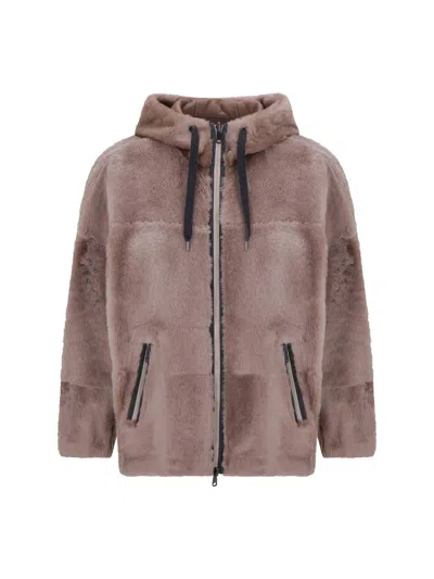 Brunello Cucinelli Shearling Reversible Parka With Shiny Trim In Hazelnut