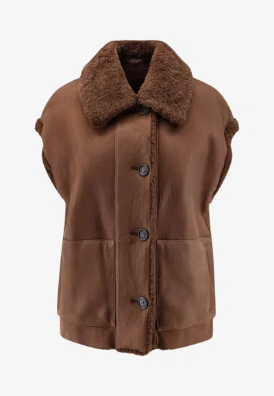 Brunello Cucinelli Shearling Reversible Sleeveless Jacket In Brown