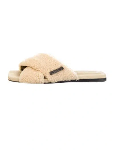 Pre-owned Brunello Cucinelli Shearling Slides In Neutral