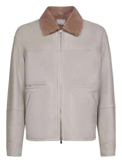 Brunello Cucinelli Shearling Striped-leather Jacket In Gray