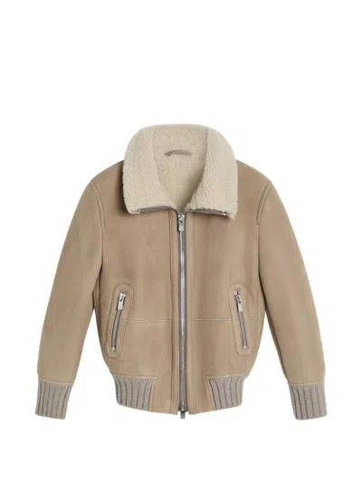 Brunello Cucinelli Kids' Shearling Suede Bomber Jacket In Neutrals