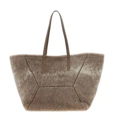 Brunello Cucinelli Shearling Tote Bag In Brown