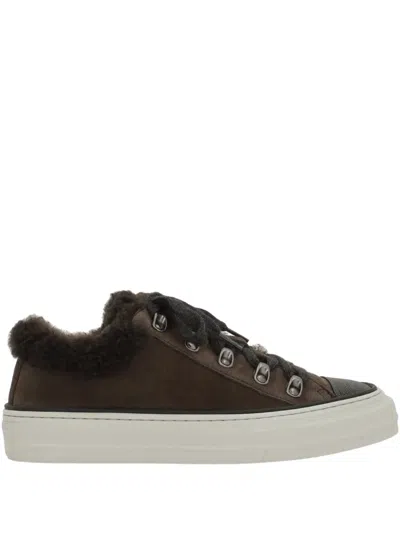 BRUNELLO CUCINELLI SHEARLING-TRIM LACE-UP SNEAKERS